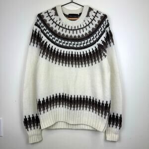 Peter England Mens Fair Isle Sweater Pullover Knit Crew Neck Cream Brown Size L